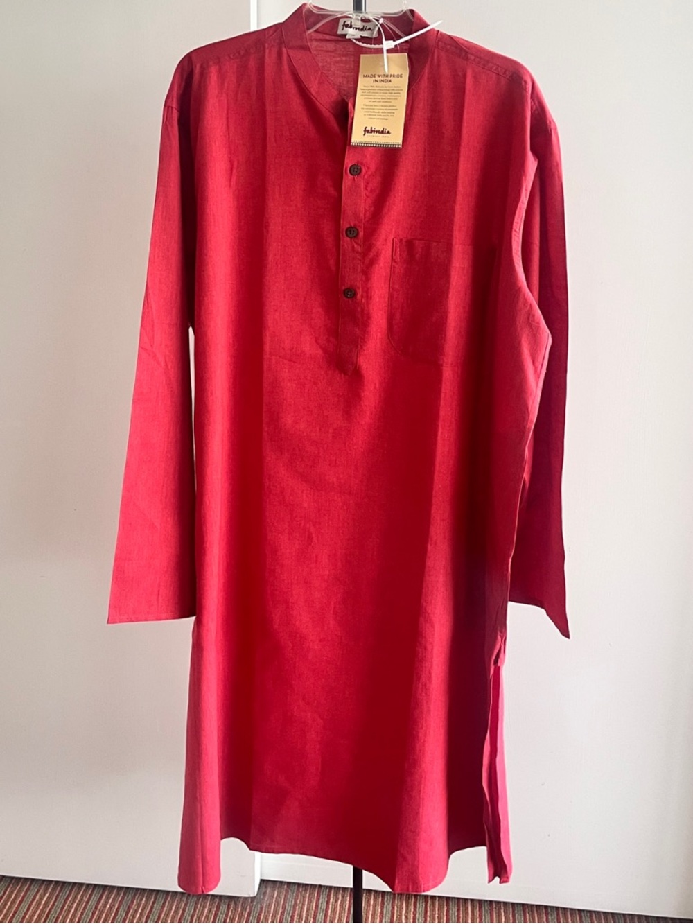 NWT Fabindia Men's Long Kurta Rust Red 100% Cotton Woven Comfort Fit Large